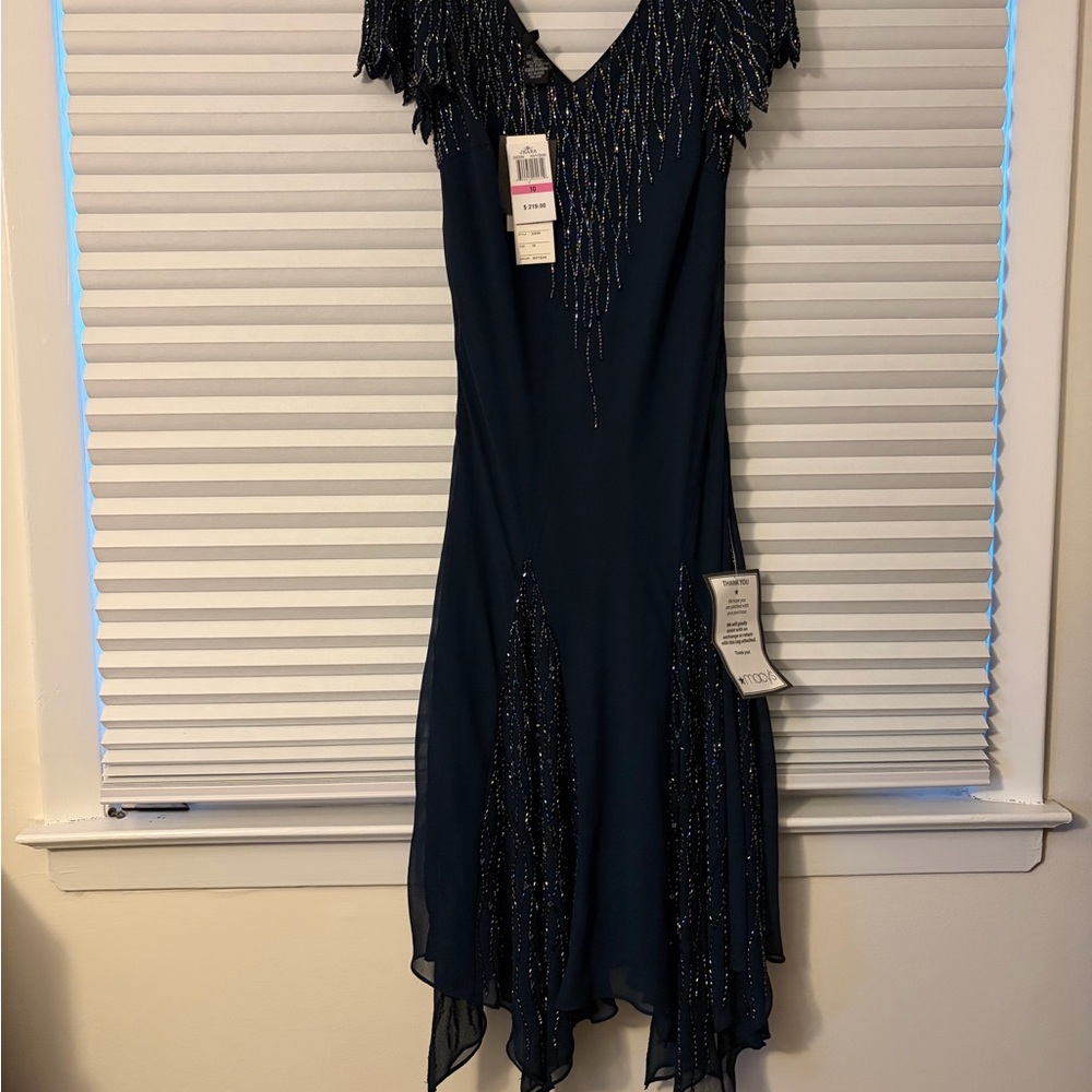 J Kara Navy Asymmetrical Beaded Dress